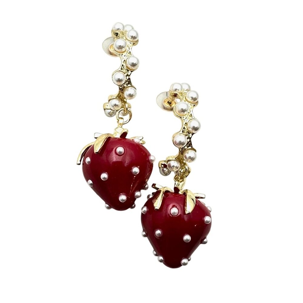 Womens Earrings Pierced Red Strawberry Faux Pearl Gold Tone Chandelier